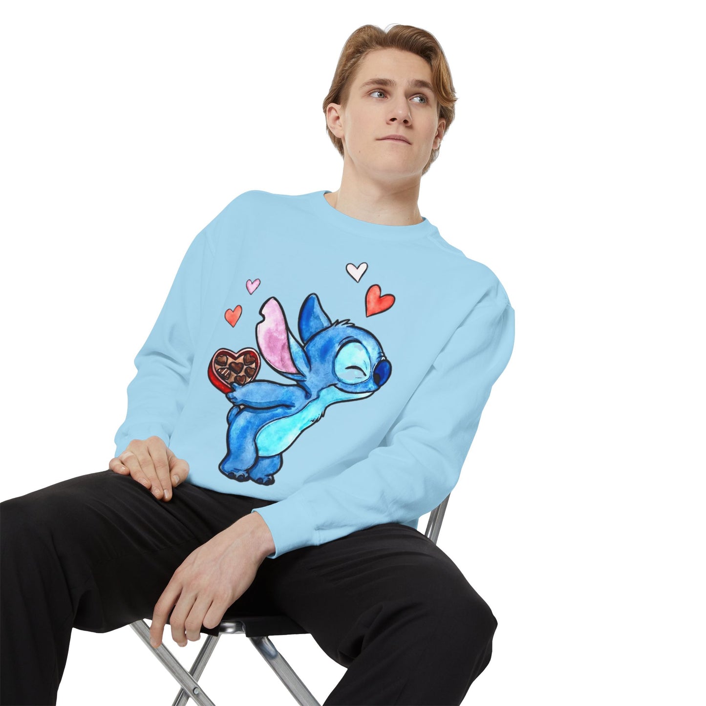 Stitch Valentine Sweatshirt — Cute Blue Alien with Hearts & Chocolate Pocket