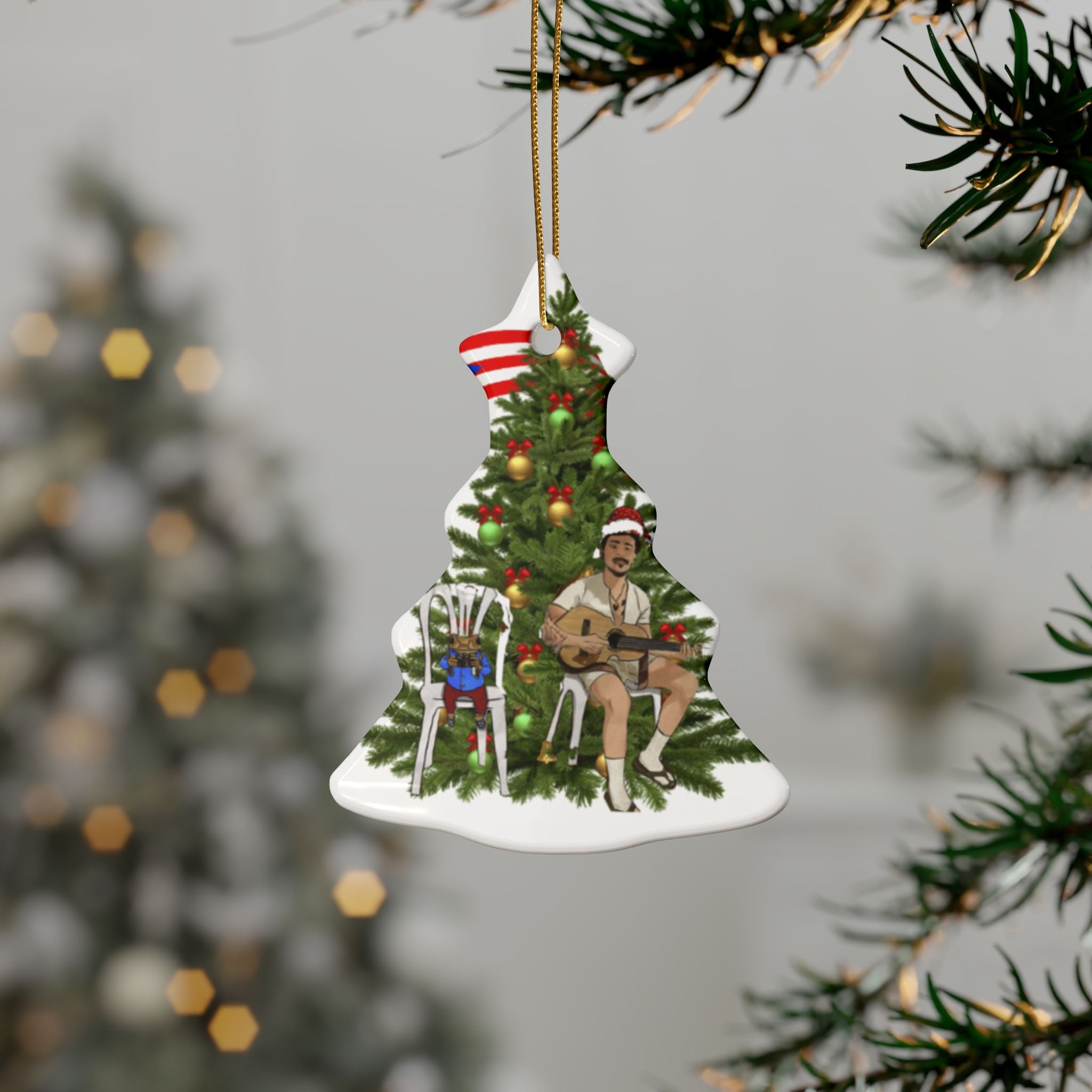 Puerto Rican Christmas Ornament Coquí & Palm Tree Ornament  Festive Tree with Guitarist Ceramic Heart Ornament
