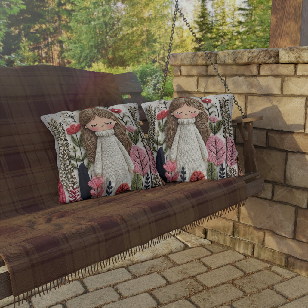 Cute Girl Floral Outdoor Pillow — Whimsical Garden Accent Cushion