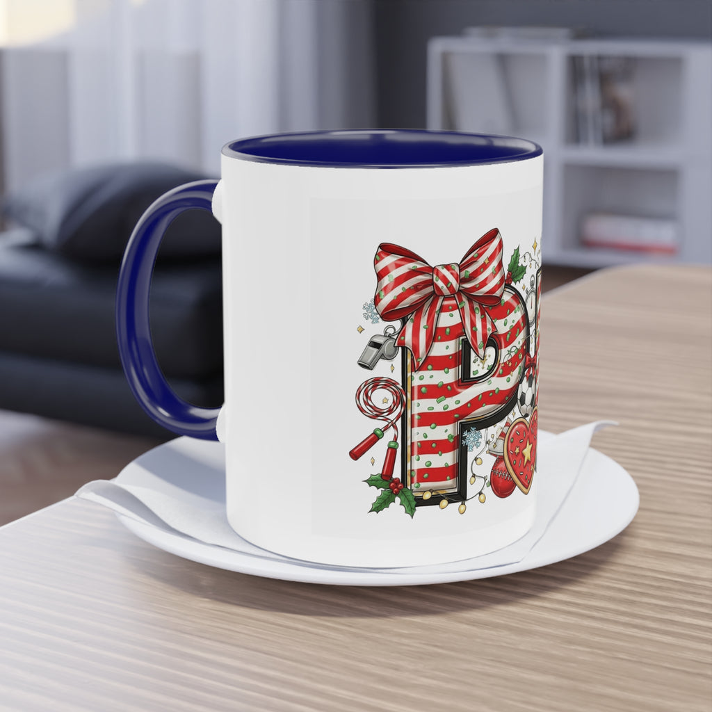 Holiday Sports Mom Coffee Mug Festive 'PE' Candy-Stripe Design, 11oz Two-Tone School Staff Christmas Mug Collection,