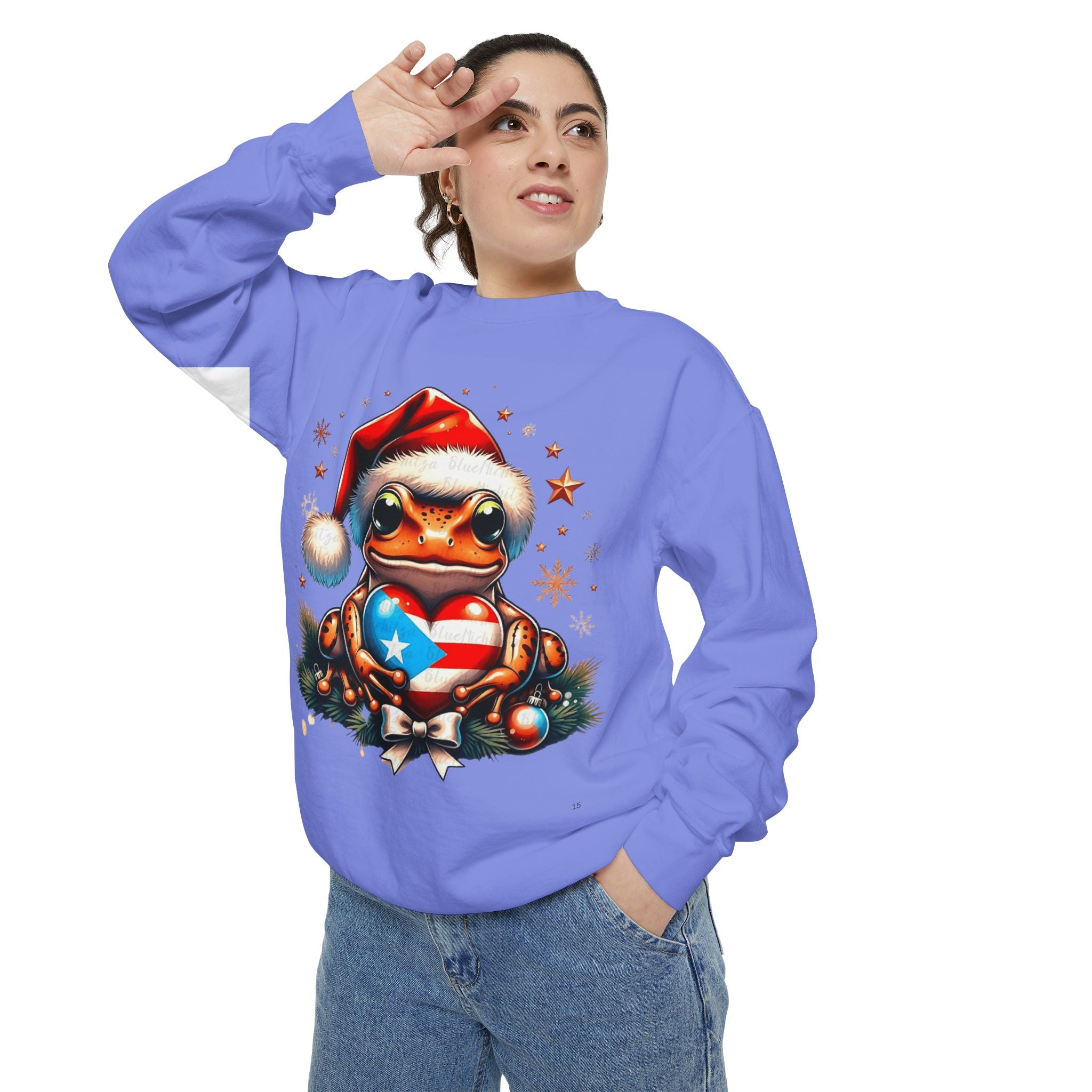 Christmas Coqui Sweatshirt — Cute Santa Frog Holding Ornament Holiday Sweater
