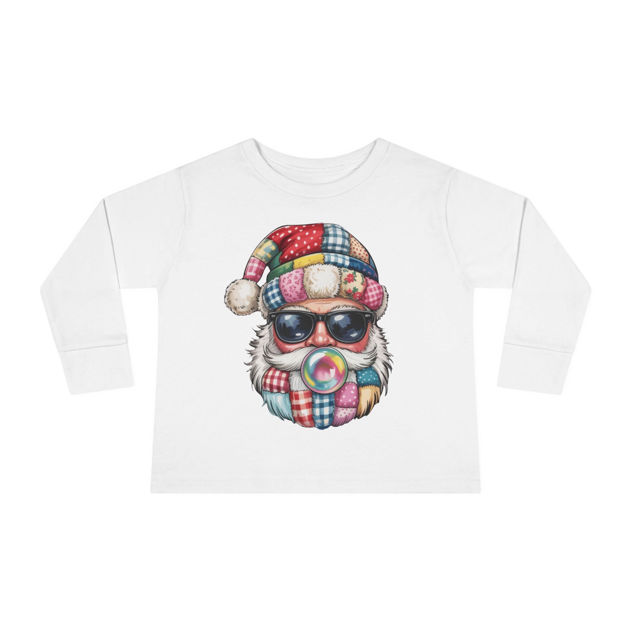 Toddler Long Sleeve Tee  Cool Santa with Patchwork Hat & Bubblegum Graphic