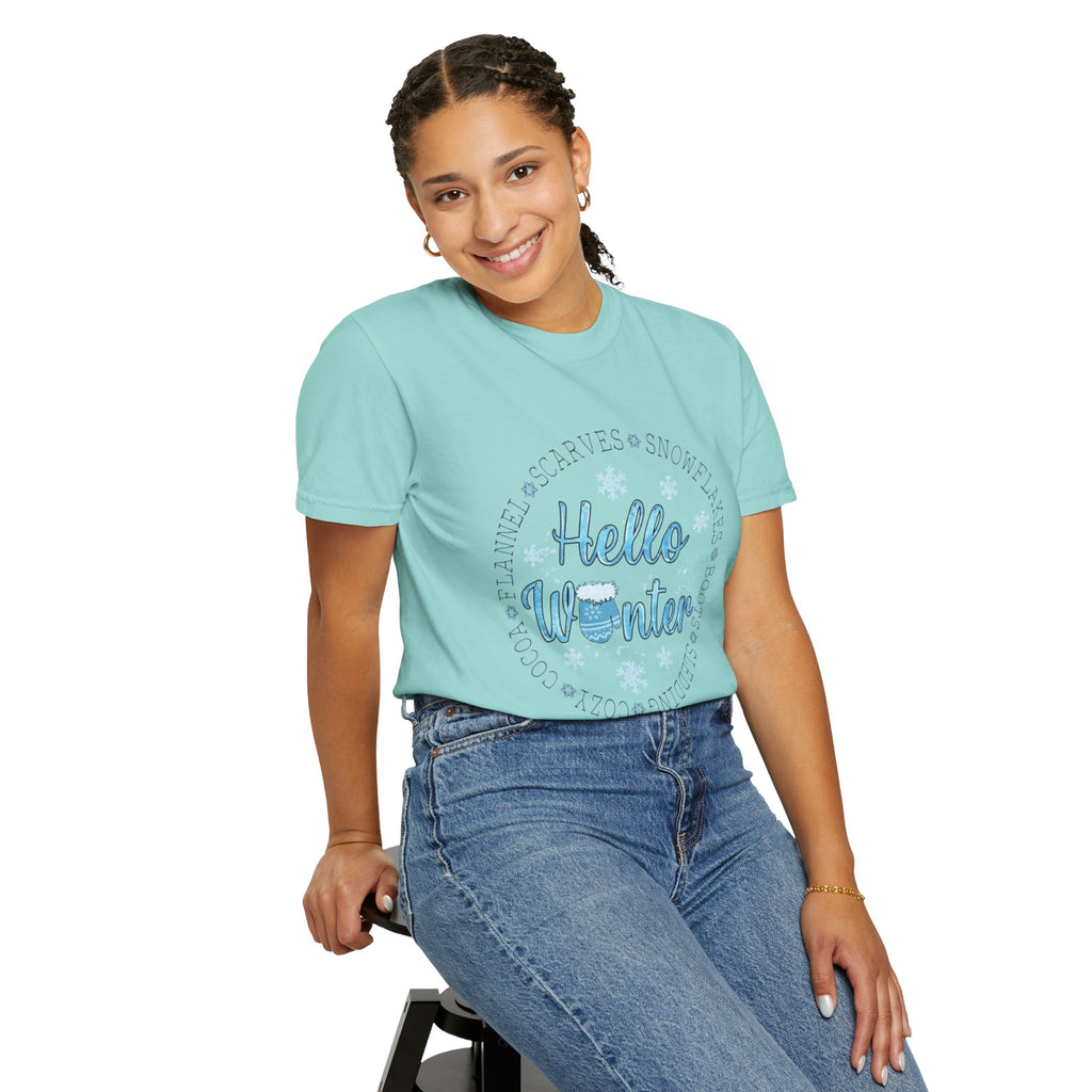 Hello Winter T‑Shirt  Cozy Snowflake Holiday Tee Christmas T-Shirts and Sweatshirts Collection