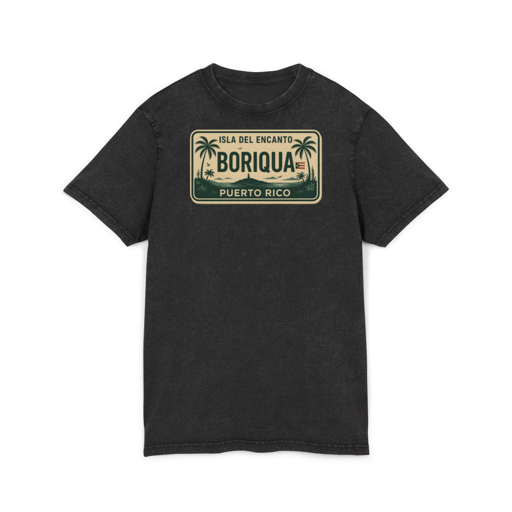 Boriqua Puerto Rico Vintage Acid-Wash Tee  Isla del Encanto License Plate Design