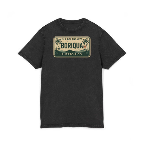 Boriqua Puerto Rico Vintage Acid-Wash Tee  Isla del Encanto License Plate Design