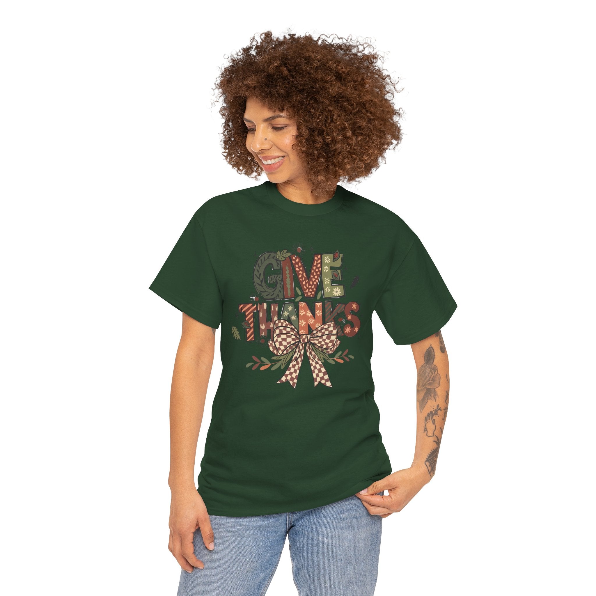 Give Thanks Tee Thanksgiving Graphic T-Shirt with Rustic Bow Design