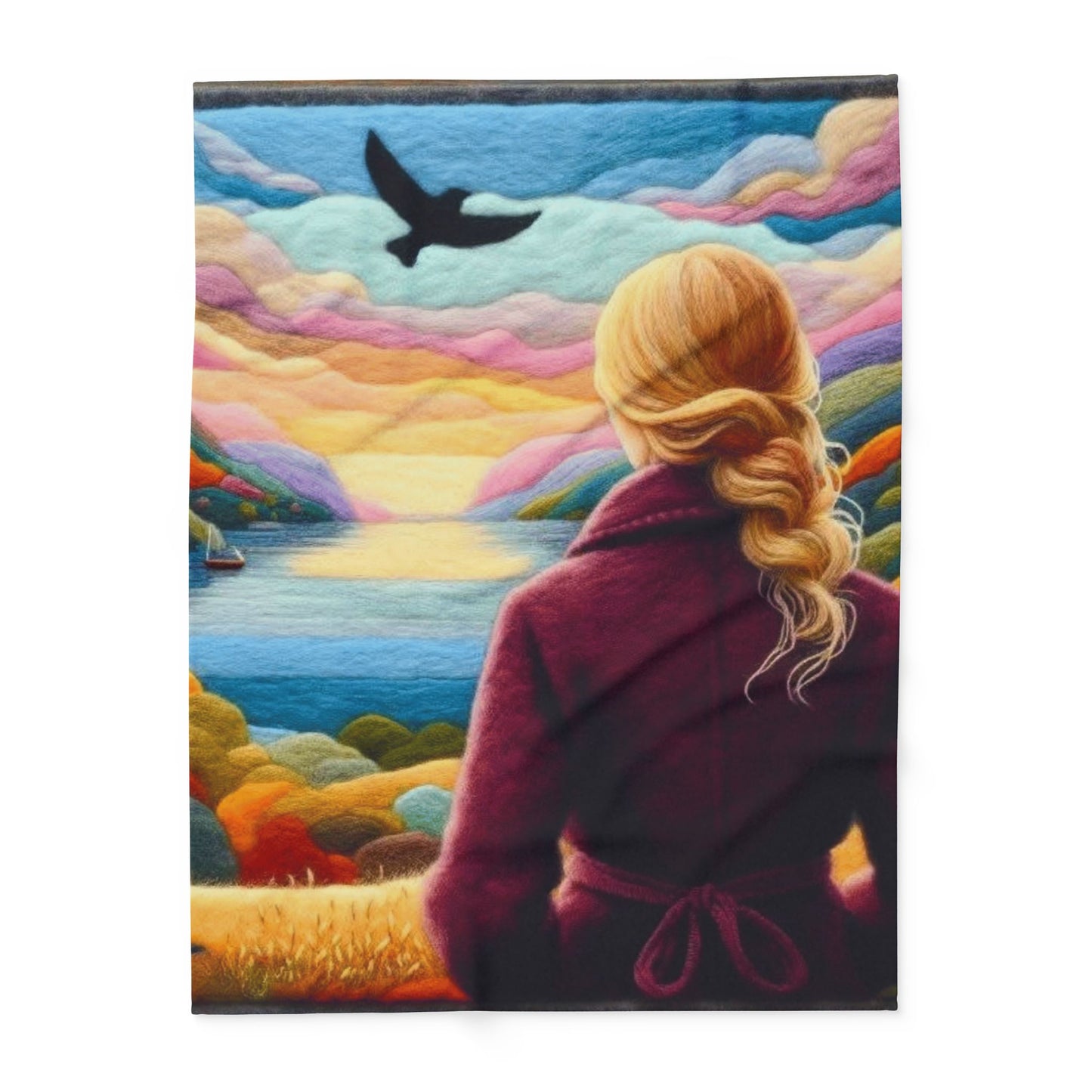 Scenic Girl Fleece Blanket — Cozy Sunset Landscape Throw