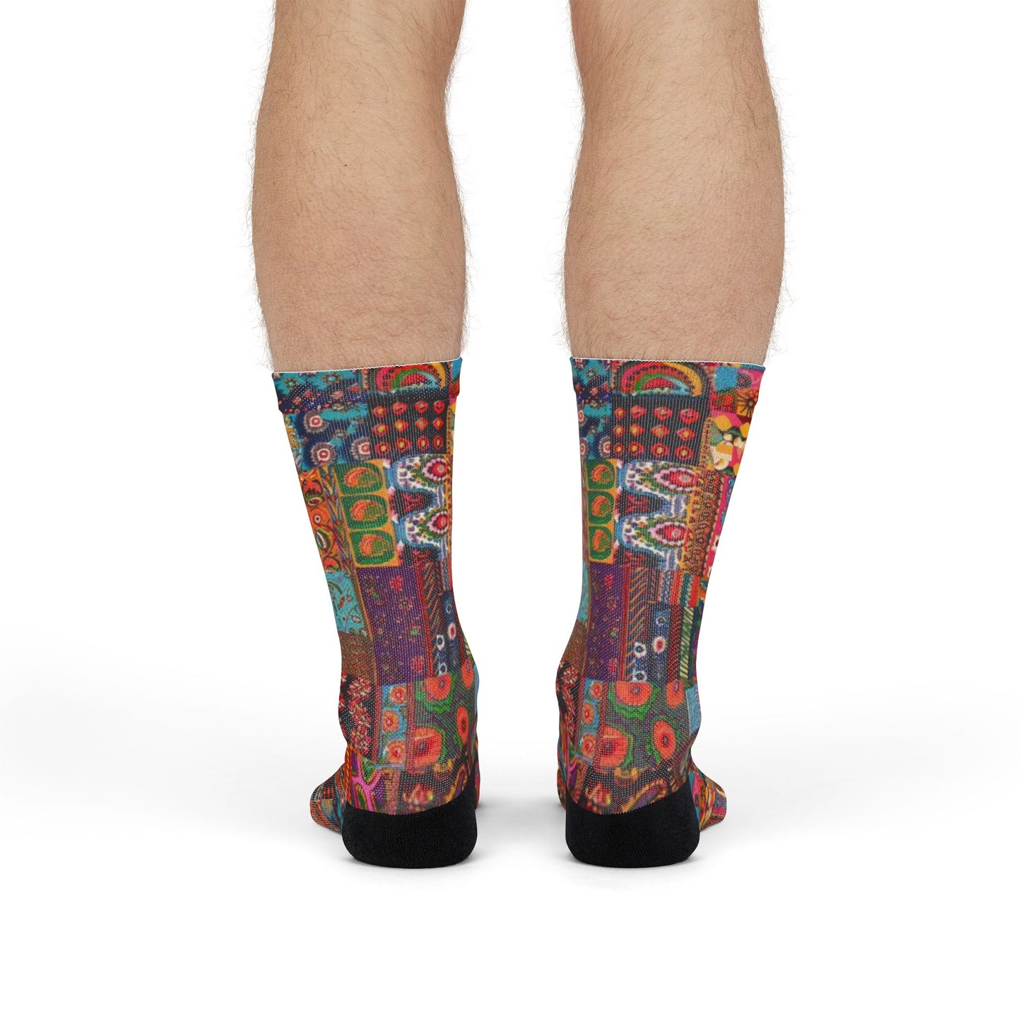 Colorful Patchwork Crew Socks Vibrant Boho Sublimation Design