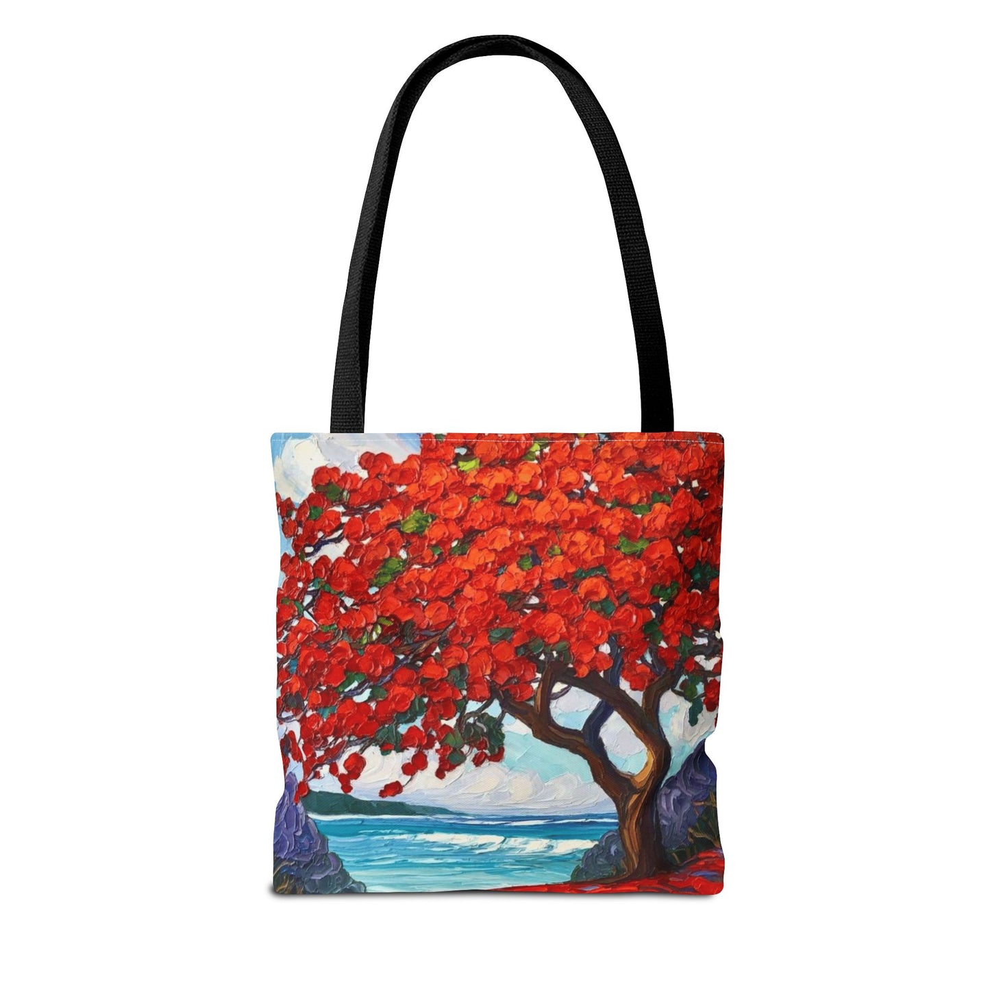 Red Blossom Beach Tote - Tropical Tree Art All-Over Print Tote Bag Crochet-Decorated Tote Bags