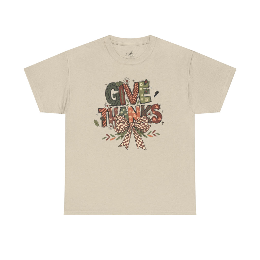 Give Thanks Tee Thanksgiving Graphic T-Shirt with Rustic Bow Design