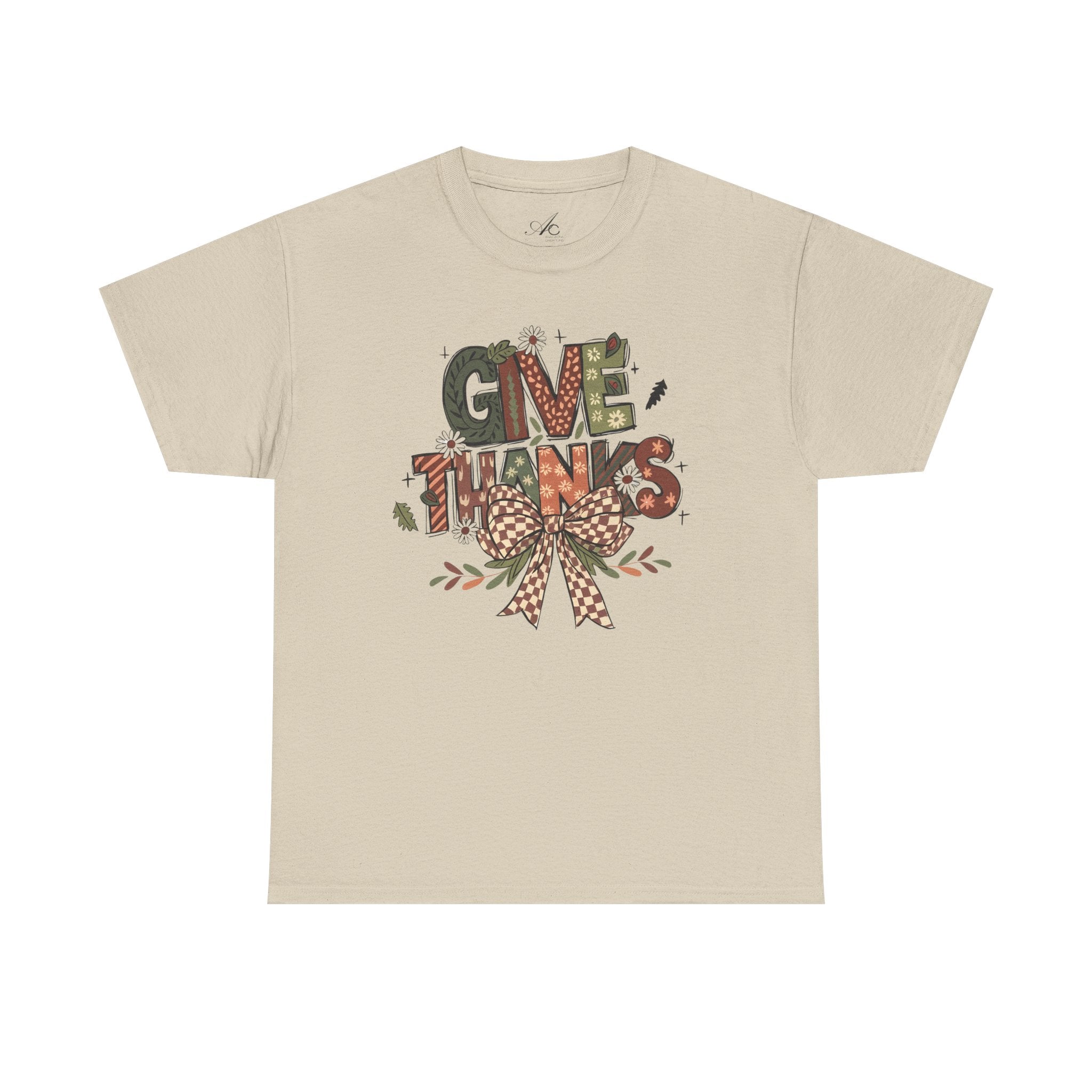 Give Thanks Tee Thanksgiving Graphic T-Shirt with Rustic Bow Design
