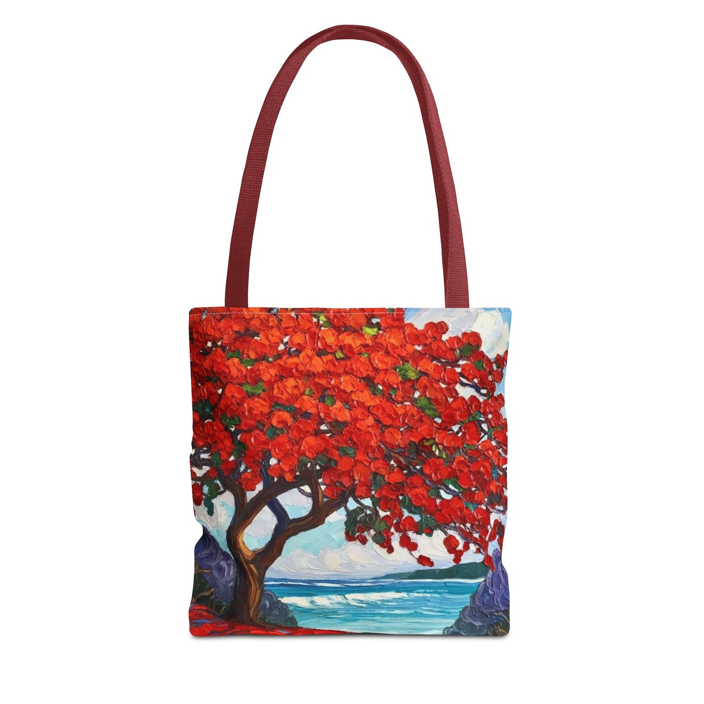 Red Blossom Beach Tote - Tropical Tree Art All-Over Print Tote Bag Crochet-Decorated Tote Bags