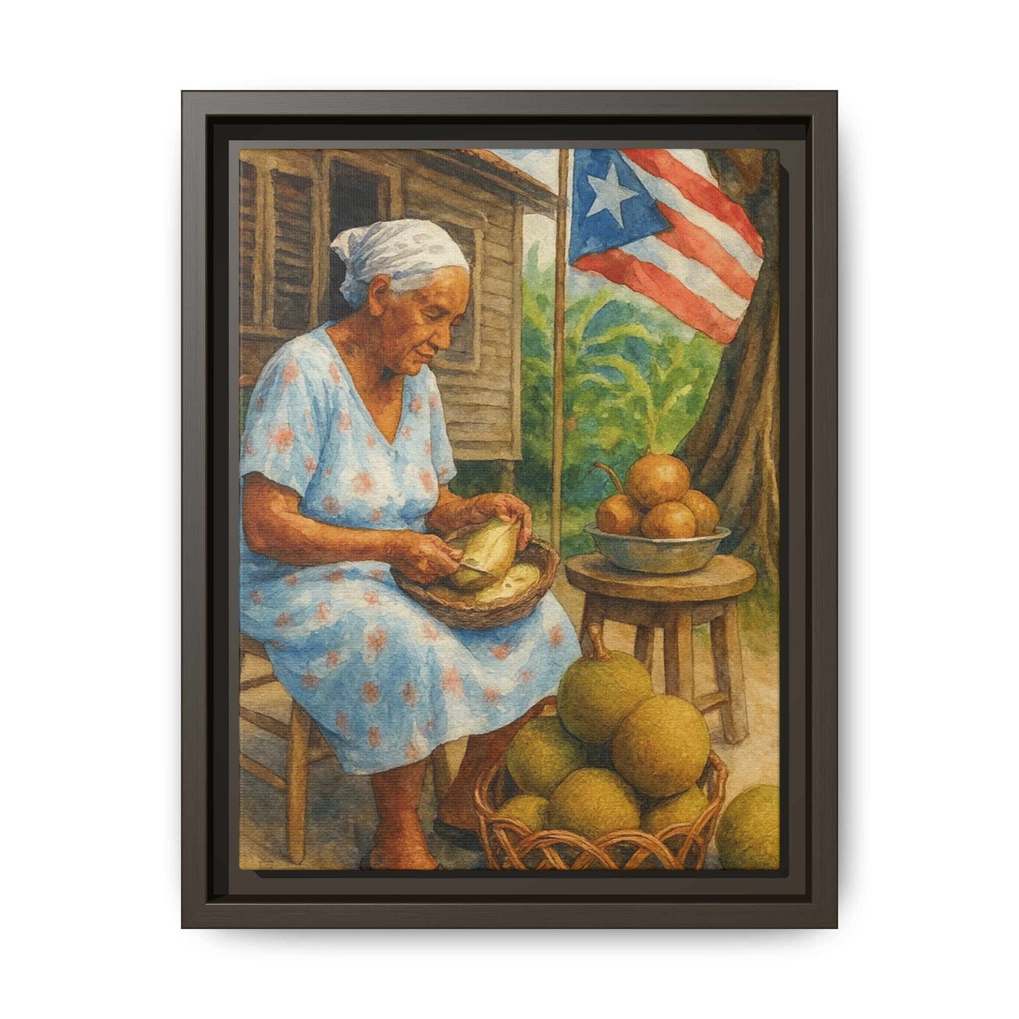 Cultural & Story-Driven These Puerto Rico inspired  Framed Matte Canvas Print  Woman Shelling Fruit Vintage Tropical Painting