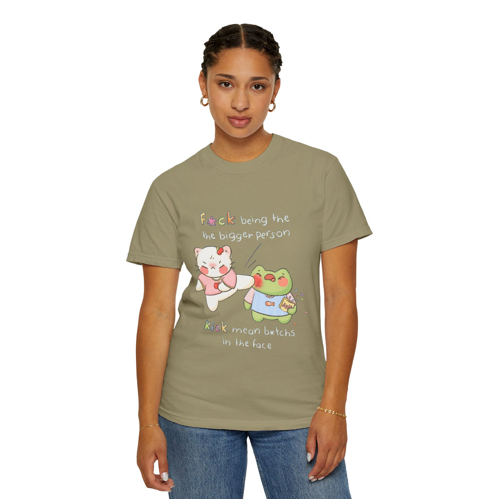 Graphic T-Shirt  Cute Kicking Cat & Frog with 'F*ck Being The Bigger Person' Slogan