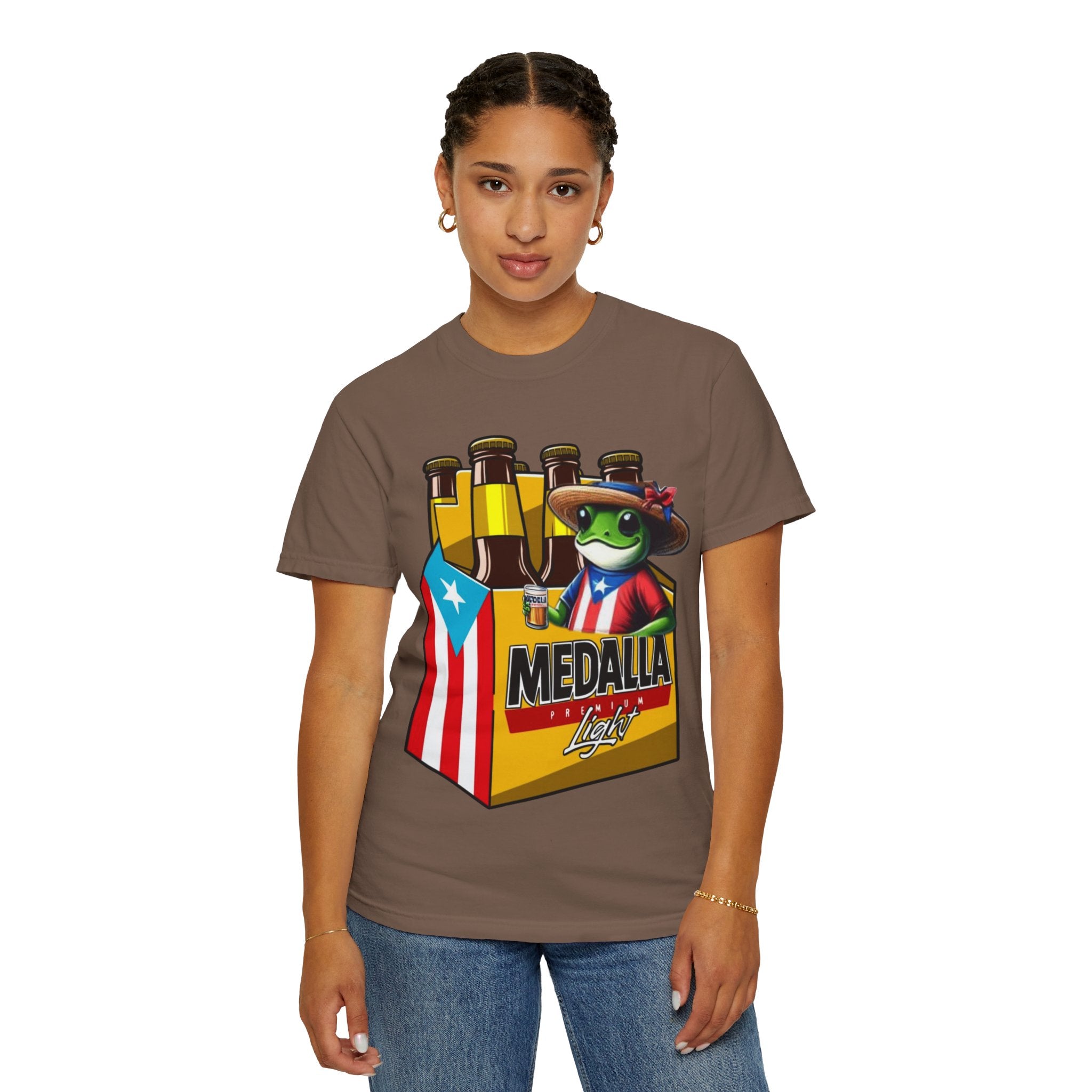 Medalla Light Puerto Rican Beer T-Shirt Coqui Frog Mascot Six-Pack Graphic Tee Puerto Rico’s Navidades