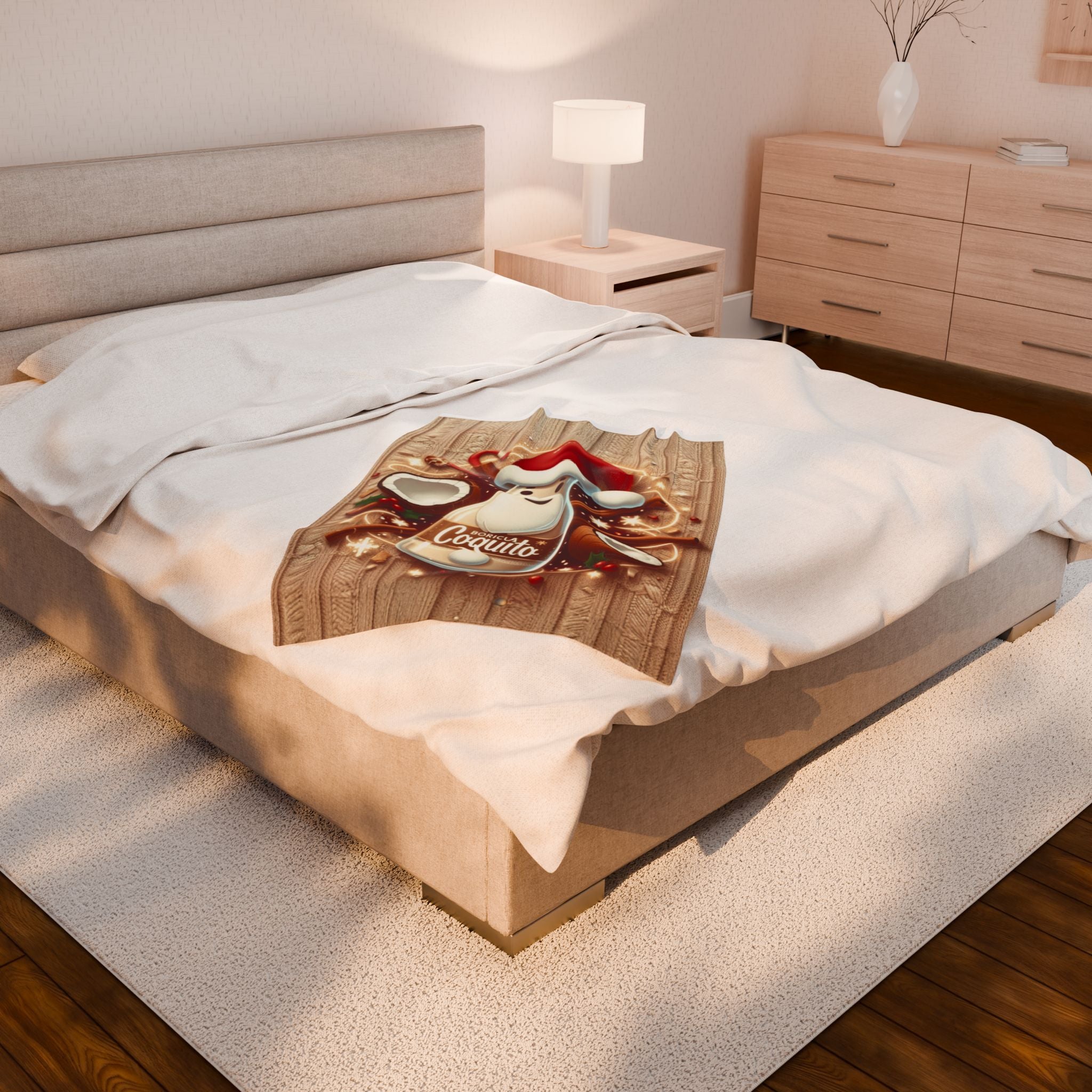 Coquito Santa Velveteen Plush Blanket Holiday Puerto Rican Coquito Design