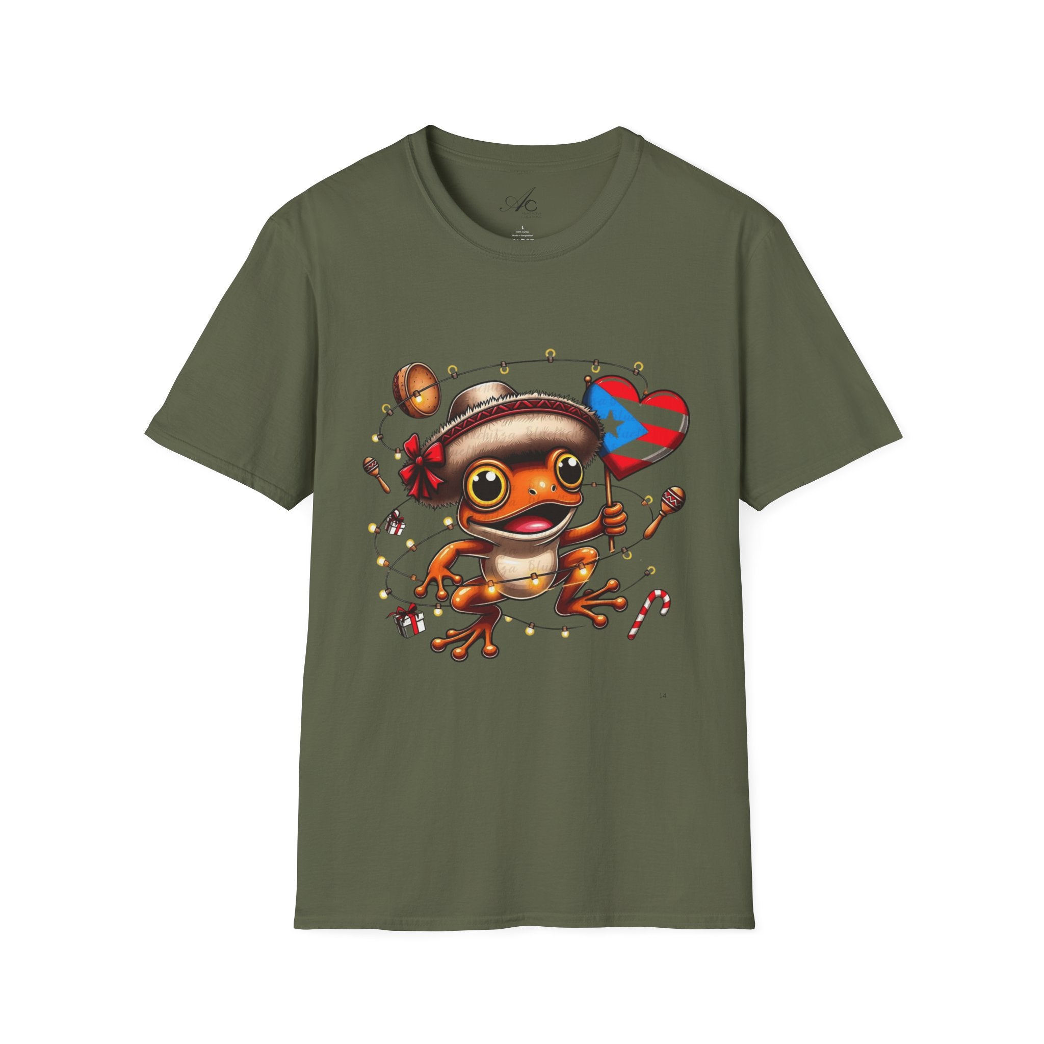 Puerto Rico Frog Holiday T-Shirt  Cute Coquí with Flag Heart (Christmas) Puerto Rico Navidades