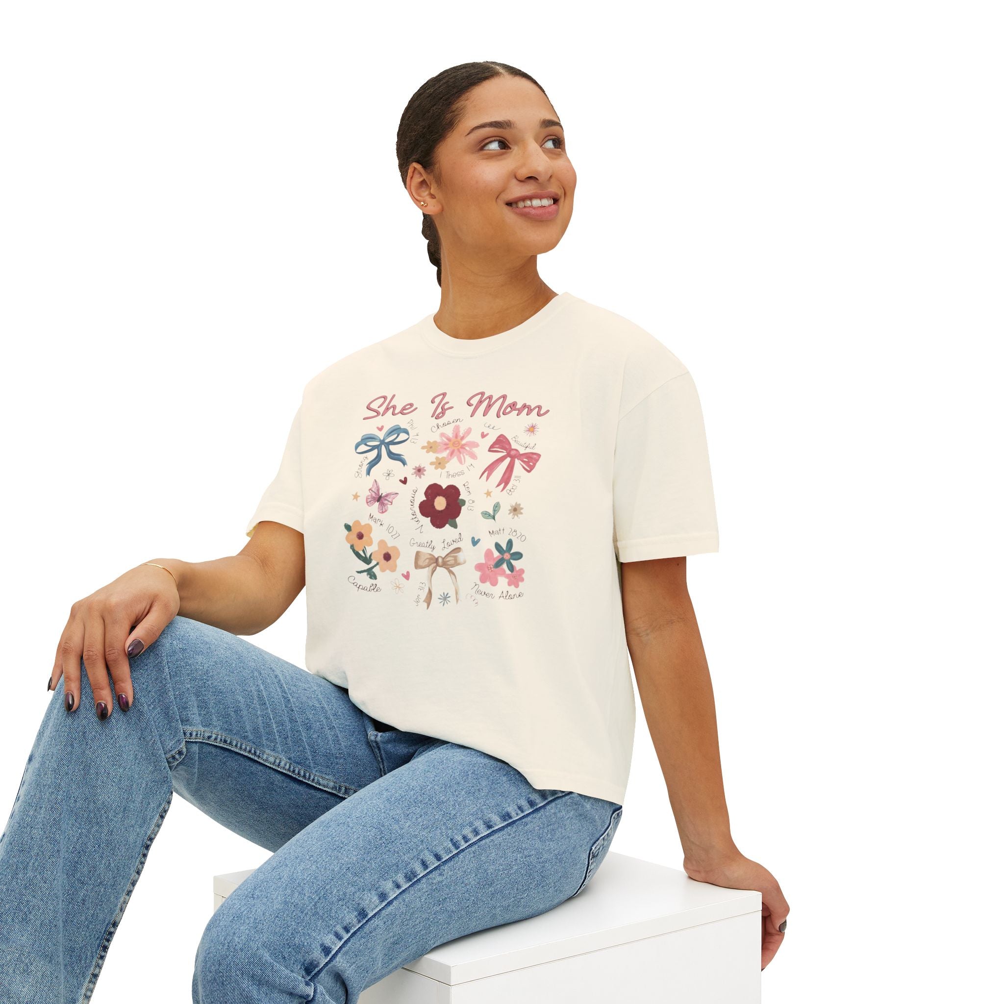 She Is Mom Floral Boxy Tee  Cute Mother’s Day Floral Graphic Shirt