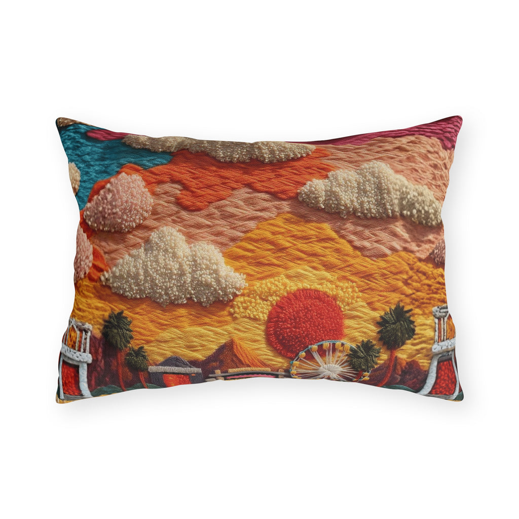 Retro Festival Outdoor Pillow — Sunset Carnival Embroidered Design