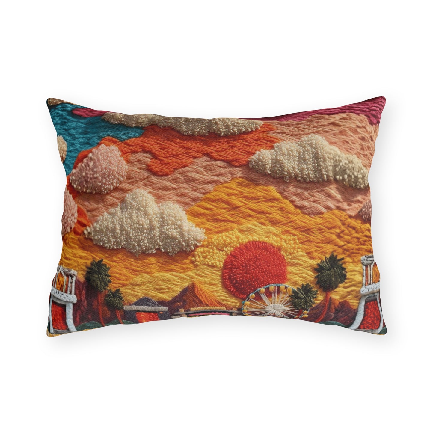 Retro Festival Outdoor Pillow — Sunset Carnival Embroidered Design