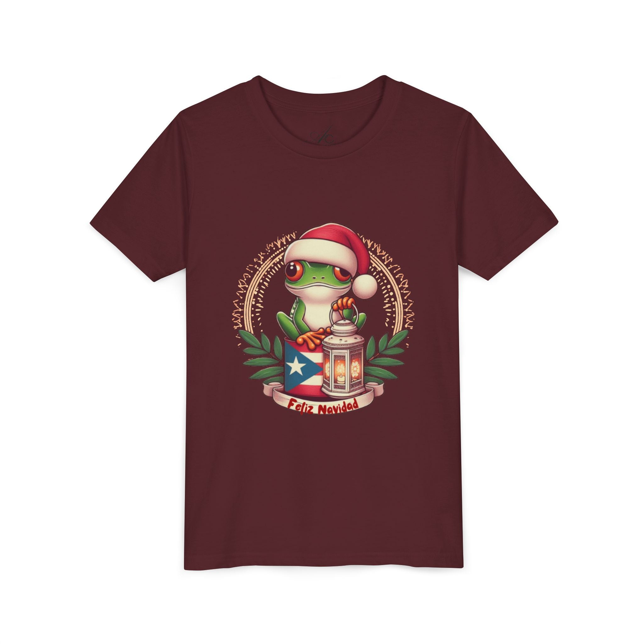 Kids Tee Cute Frog with Puerto Rican Flag & Lantern (Feliz Navidad)