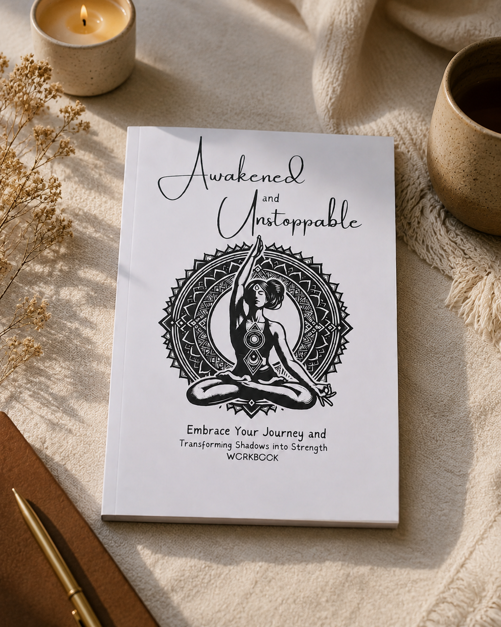 A white journal or notebook titled 'Awakened and Unstoppable' with a black mandala-style illustration of a seated meditating figure on the cover, styled on a beige fabric surface with a candle, mug, pen, and dried flowers around it.