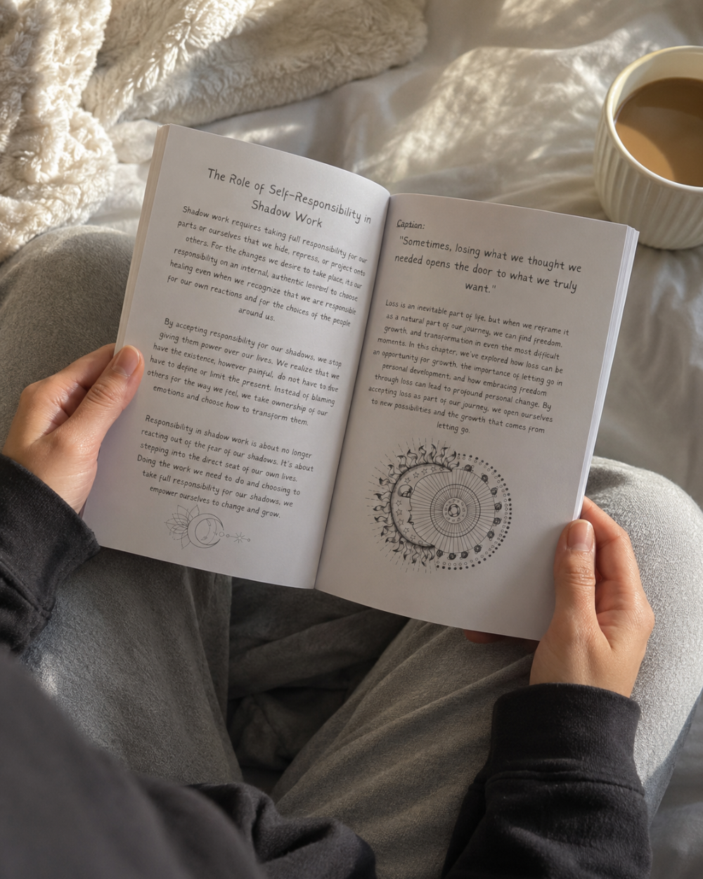 A person holding Awakened and Unstoppable workbook by Wilmaris Santos, with printed text and a circular diagram, photographed from above on a bed with a white blanket and a cup of coffee nearby.