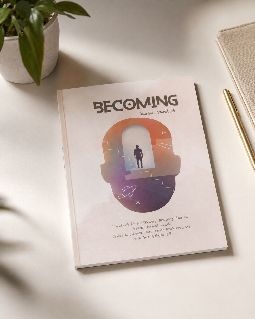 A journal workbook titled 'Becoming by Wilmaris Santos' lies open on a light beige surface with soft shadows. The cover features a stylized illustration of a person standing in a doorway inside a purple and orange abstract shape.