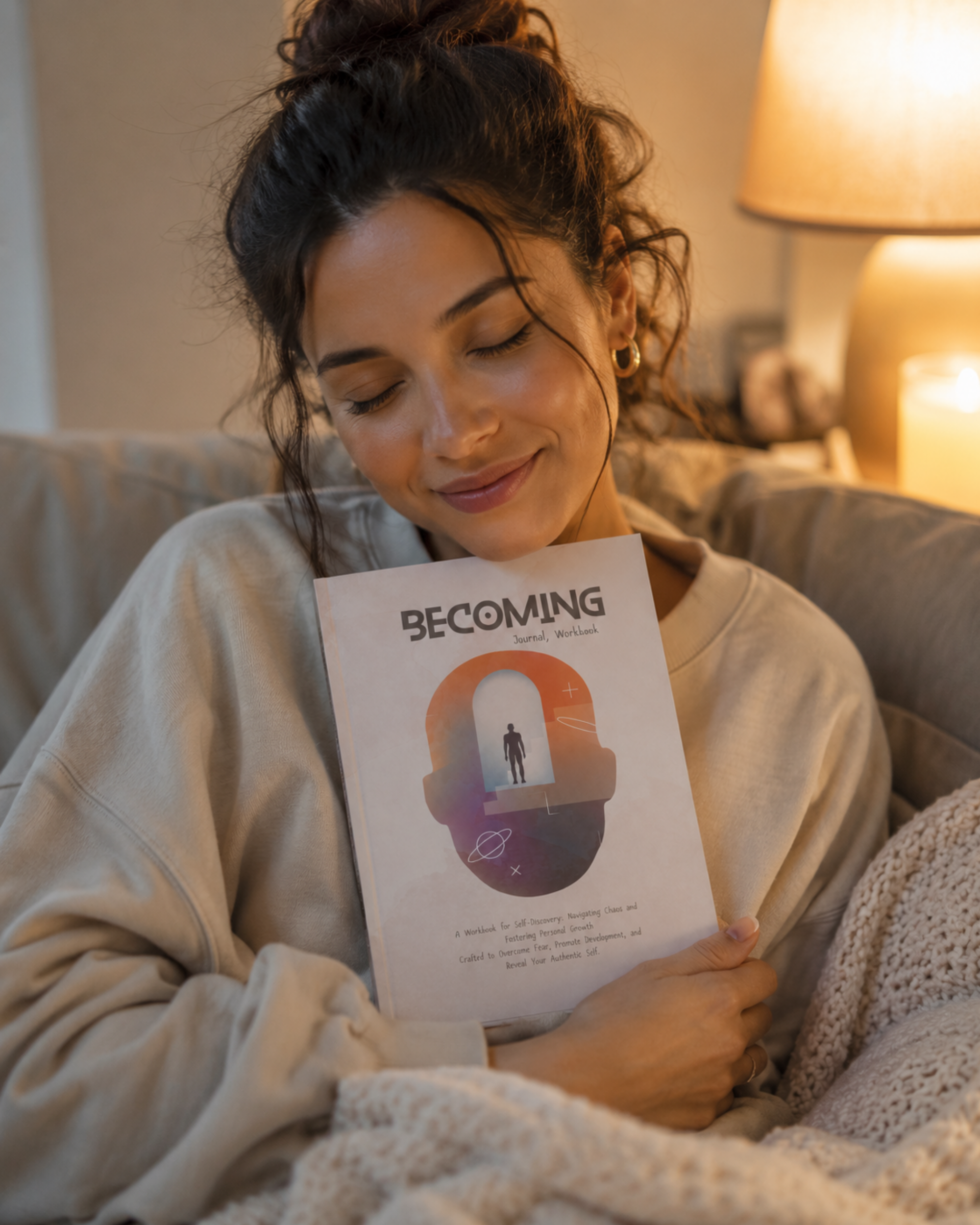 A woman in a cozy bedroom setting, wrapped in a blanket and holding a book titled 'Becoming' by Wilmaris Santos. The book cover features a white background with an illustration of a figure walking through an archway inside a red and orange heart shape.