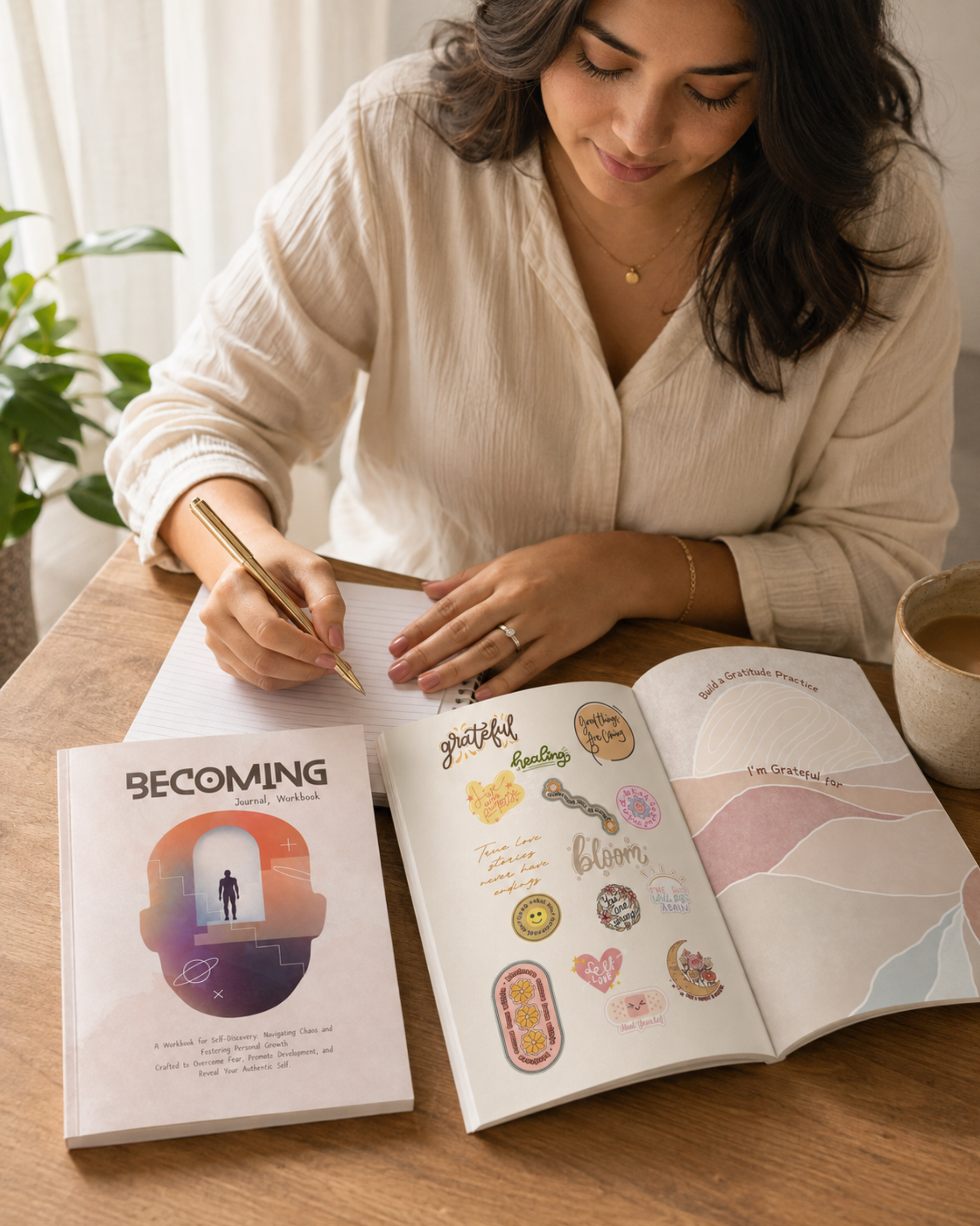 A woman in a cream ribbed sweater sits at a wooden table, writing in a notebook. In the foreground are two books: 'Becoming' by Wilmaris Santos and an open journal with pastel-colored abstract designs and stickers.