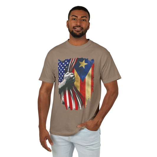 boricua unity t-shirt on model
puerto rican cultural shirt close-up
unisex boricua tee for independence day
statement puerto rico apparel folded
freedom shirt with boriken design