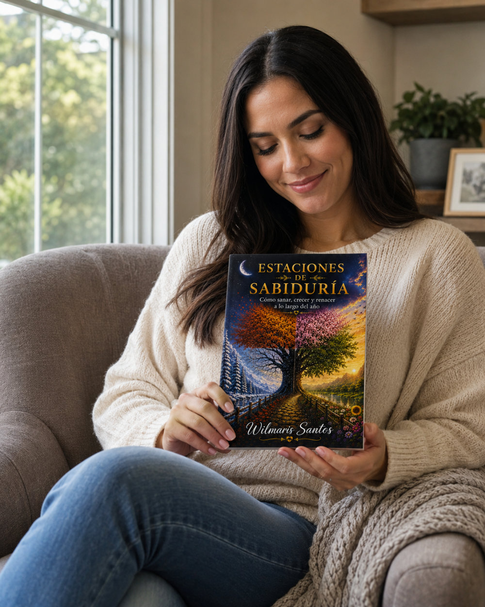 A woman sitting in a beige armchair by a window, holding a book titled 'Estaciones de la Sabiduria' by Wilmaena Sando. She is wearing a cream knit sweater and blue jeans, with a cozy home interior in the background.