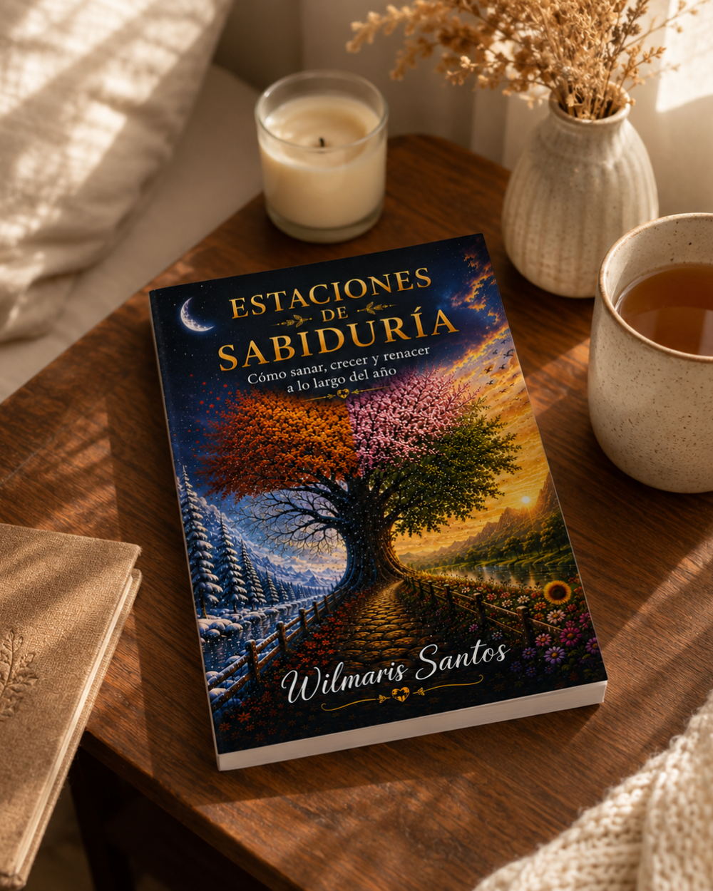 A book titled 'Estaciones de Sabiduría' by Wilmaris Santos lies on a wooden table in a cozy indoor setting, surrounded by a lit candle, a cup of tea, and dried flowers.