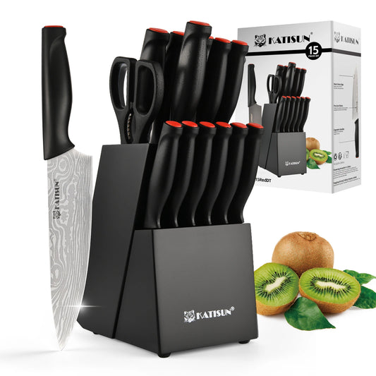 15 Pieces Plastic Handle Stainless Steel Kitchen Chef Knife Set with Inner Sharpener Kitchen Shears