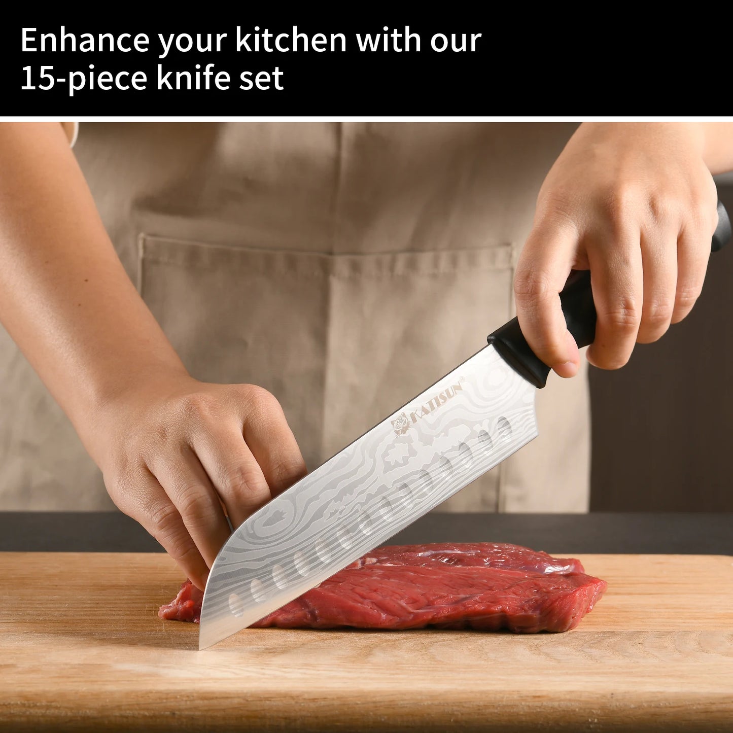 15 Pieces Plastic Handle Stainless Steel Kitchen Chef Knife Set with Inner Sharpener Kitchen Shears
