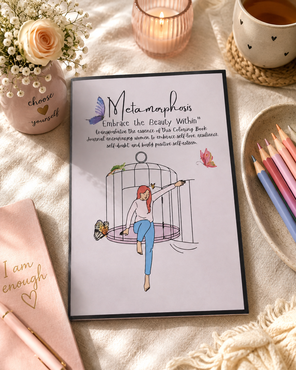 Metamorphosis Embrace The Beauty Within workbook displayed in a beautifully styled flat-lay setting on a beige fabric background. The print features an illustration of a woman climbing out of a birdcage, surrounded by a rose, butterfly, and a small bouquet of flowers.