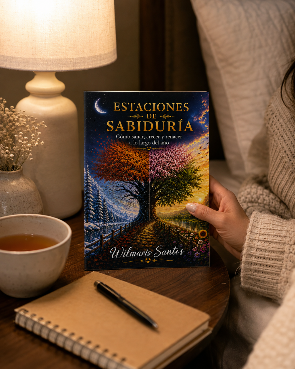 A person in a cozy knit sweater holds a Spanish-language book titled "Estaciones de Sabiduría" by Wilmaris Santos, showing the autumn and spring cover art. The scene is set on a warm wooden table with a lit lamp, a cup of tea, and a notebook.