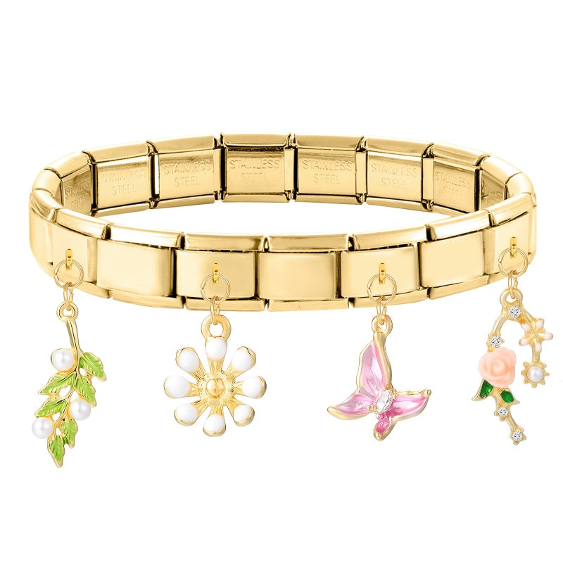 Y2K Elegant Flowers Leaves Gold Color Pendant Italian Charm Links Fit 9mm Stainless Steel Bracelet Women DIY Making Gifts