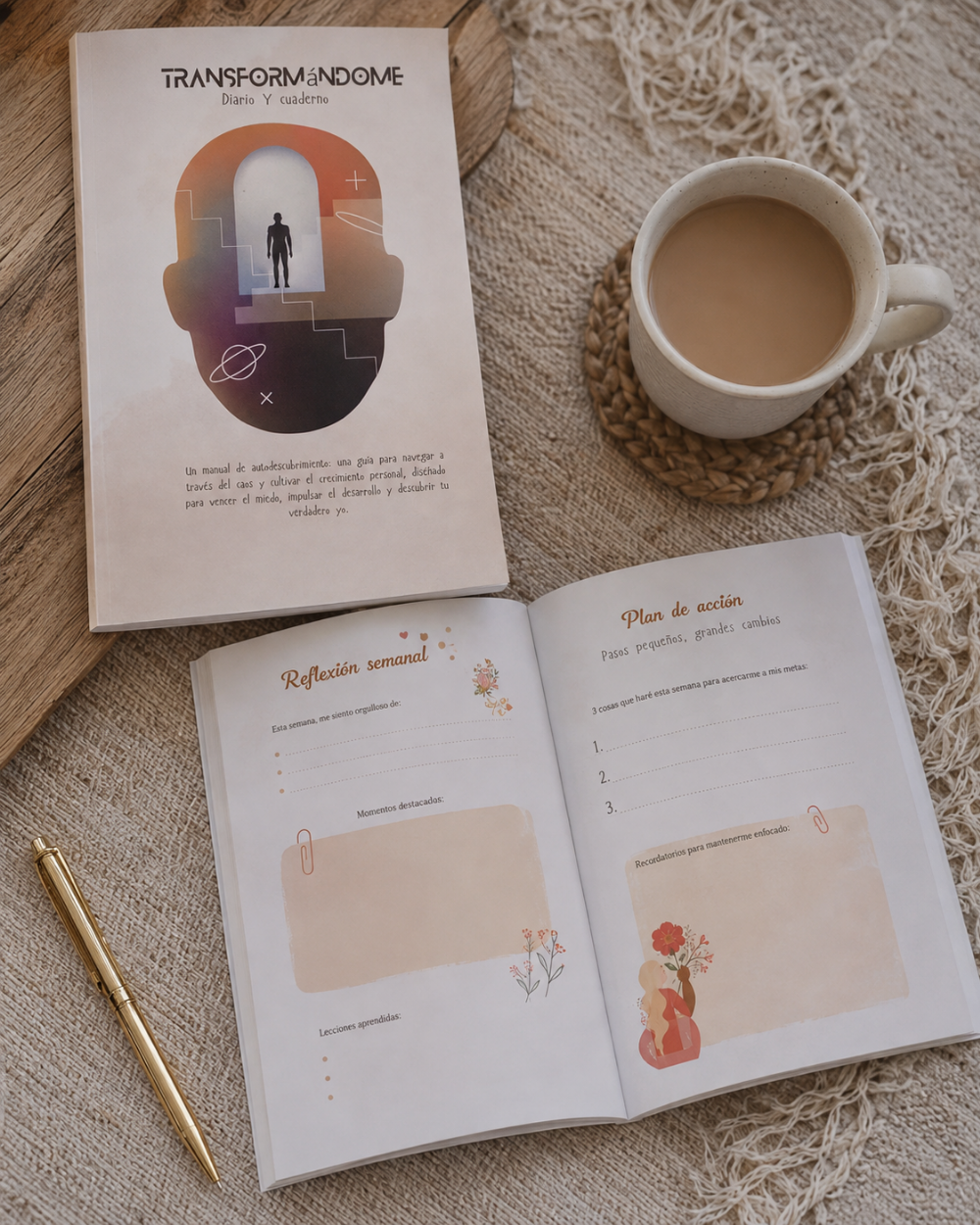 Transformandome by Wilmaris Santos, set on a beige textured blanket, with a closed book showing the cover, another book showing the interior design of Transformandome with writing pages, a gold pen, and a cup of coffee on a woven coaster.