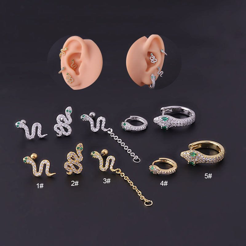 Fine Rod Stainless Steel Green Eyes Zircon Snake Ear Bone Stud