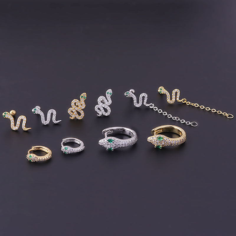 Fine Rod Stainless Steel Green Eyes Zircon Snake Ear Bone Stud