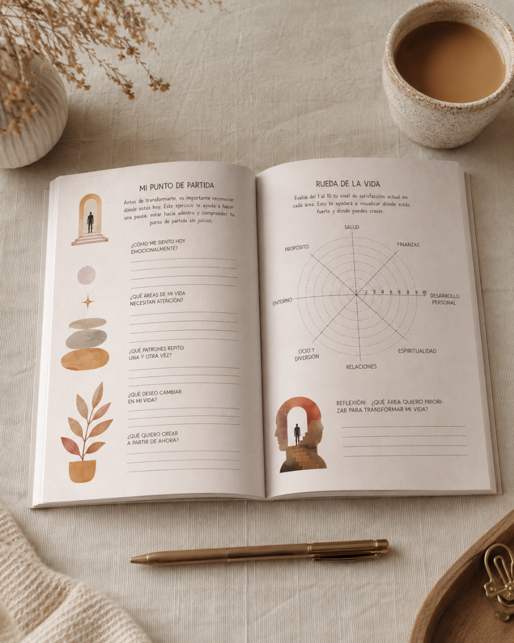 Transformandome by Wilmaris Santos, spread on a neutral fabric surface, surrounded by a cup of coffee, a pen, dried flowers, and a small decorative object. The pages contain illustrated sections and text boxes, including a circular diagram and decorative line drawings.