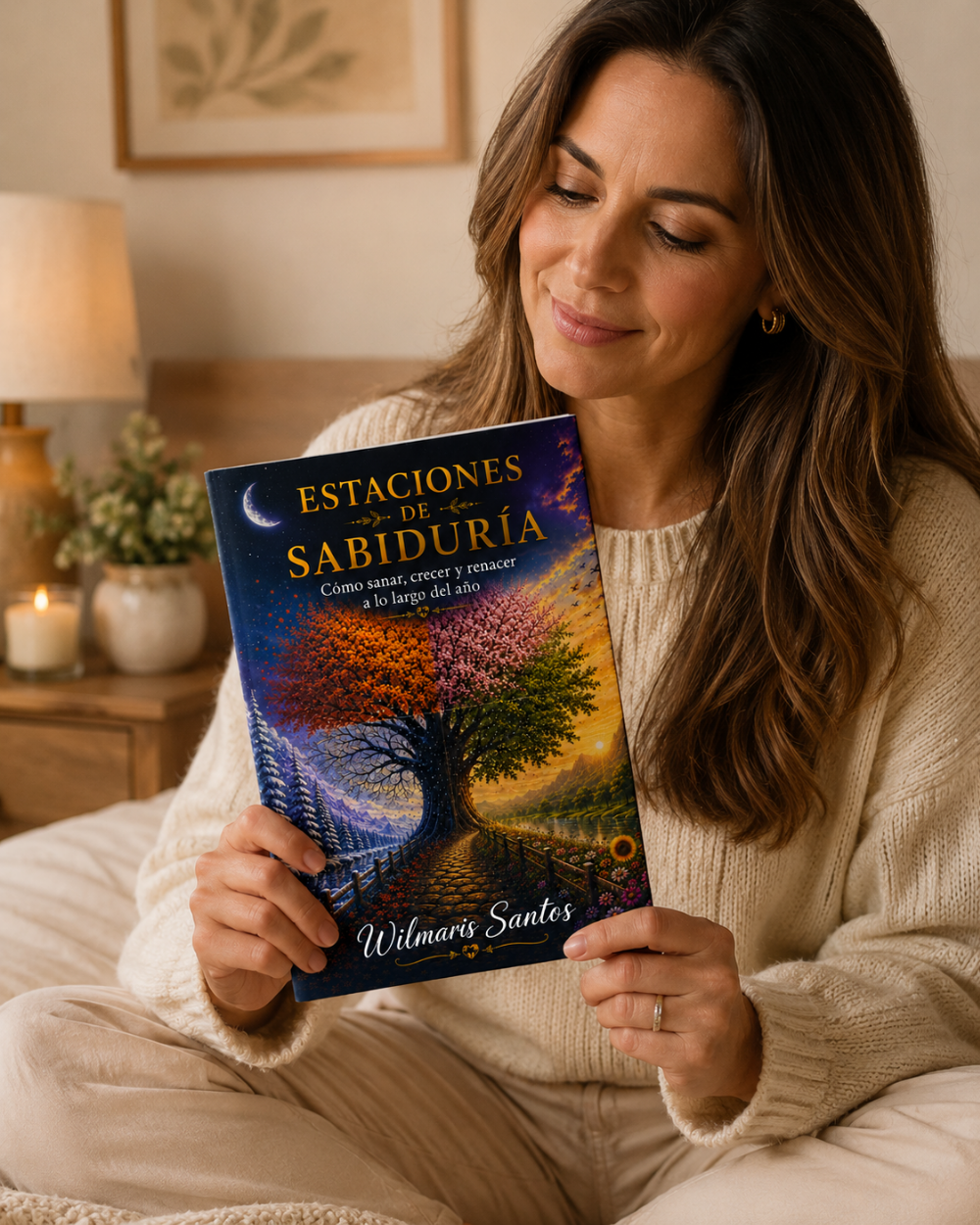A woman sitting on a bed in a cozy bedroom setting, holding a Spanish-language book titled 'Estaciones de la Sabiduría' by Wilmeris Santos. The book cover features a colorful tree with autumn foliage and a night sky design.