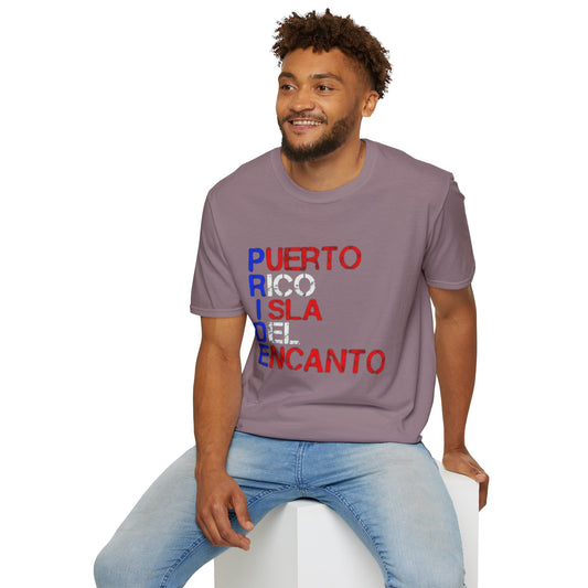 LGBTQ Puerto Rico pride t-shirt worn at festival
colorful unisex Puerto Rican pride tee
pride shirt with Puerto Rican flag and rainbow
inclusive cultural celebration shirt
softstyle LGBTQ pride apparel close-up