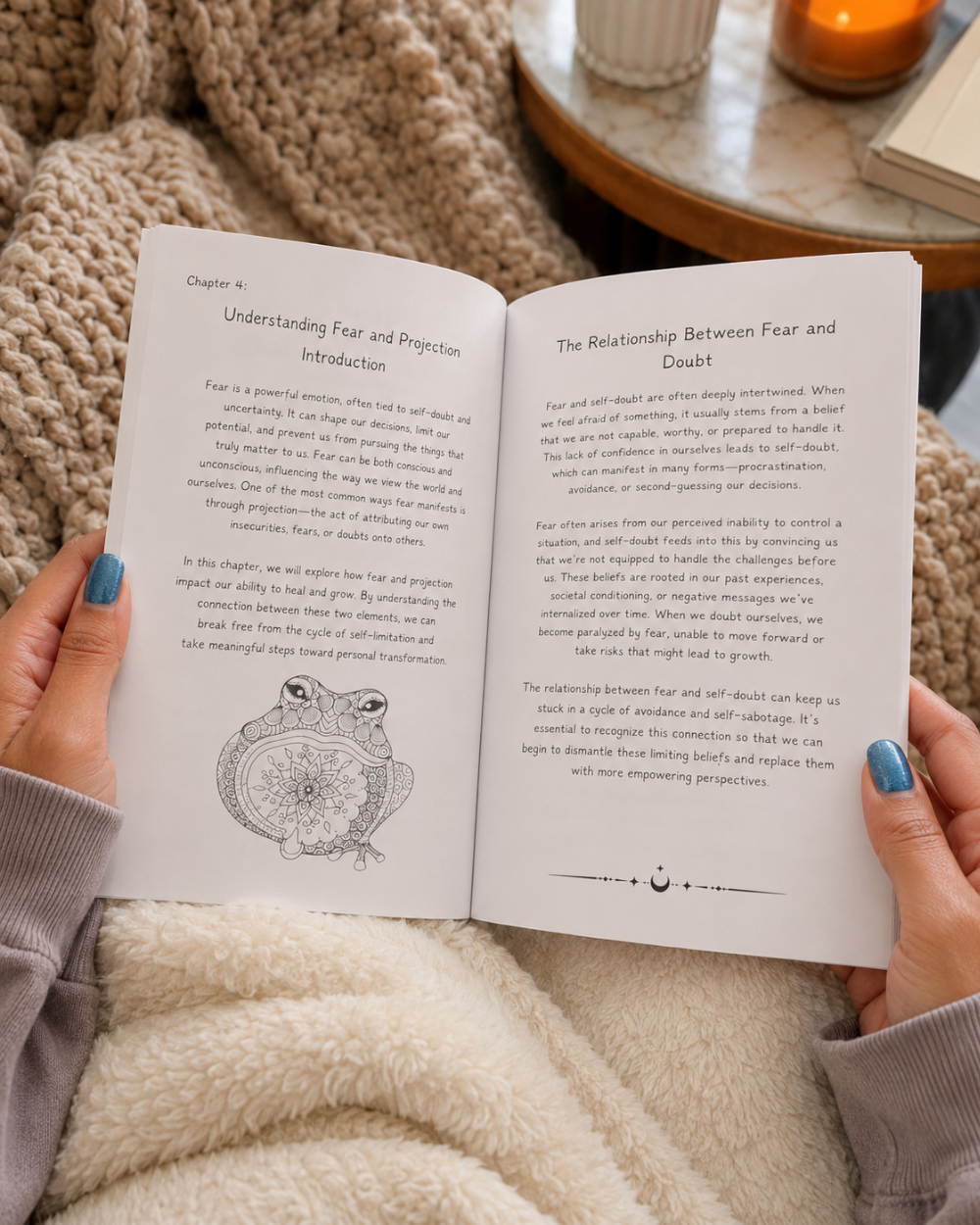 An open workbook "Awakened and Unstoppable by Wilmaris Santos" showing printed pages with text and a small owl illustration, held by hands with blue nail polish over a soft beige blanket.