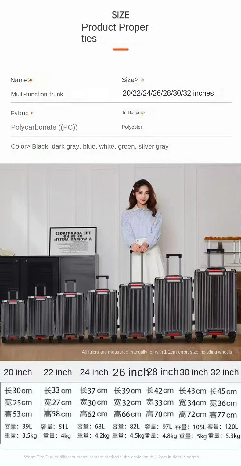30 Inch Five-Wheel Aluminum Frame Multifunctional Cabin Suitcase with Password Trolley USB Cup Holder - Travel Luggage for Unisex