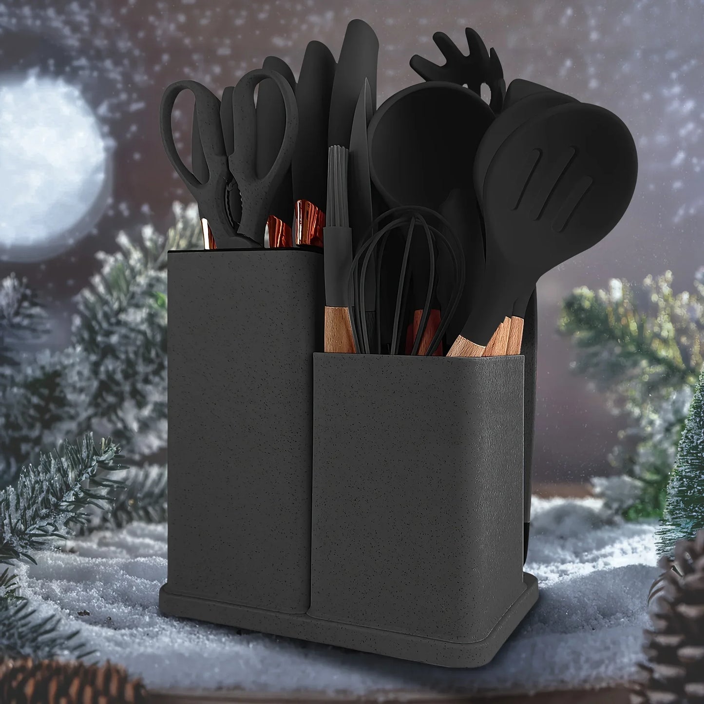 19 Pcs Heat-Resistant Silicone Kitchen Utensil Set w/ Knives Non-Stick Tools in Bamboo Storage Ideal for Hassle-Free Cooking