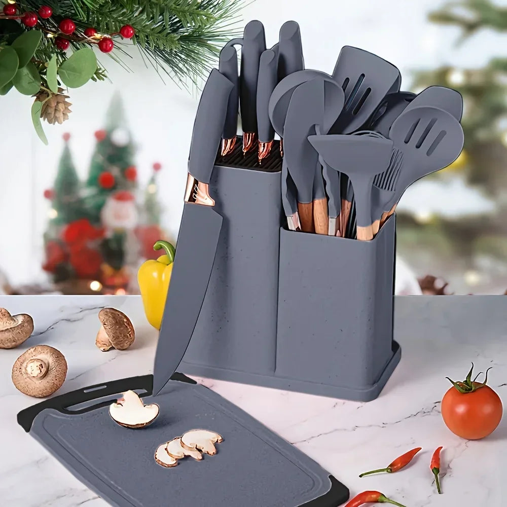 19 Pcs Heat-Resistant Silicone Kitchen Utensil Set w/ Knives Non-Stick Tools in Bamboo Storage Ideal for Hassle-Free Cooking