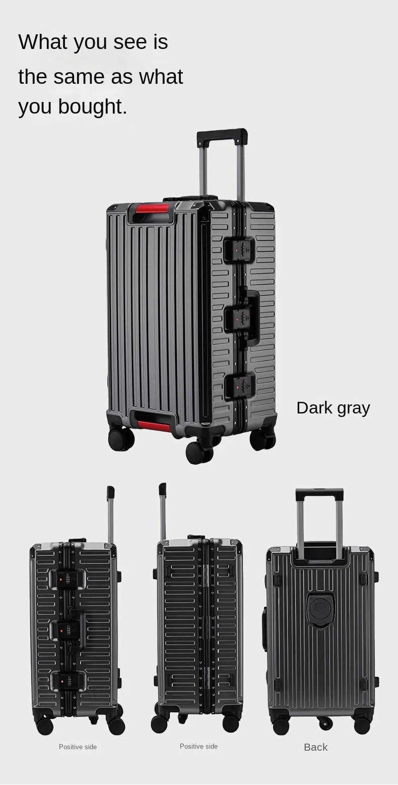 30 Inch Five-Wheel Aluminum Frame Multifunctional Cabin Suitcase with Password Trolley USB Cup Holder - Travel Luggage for Unisex
