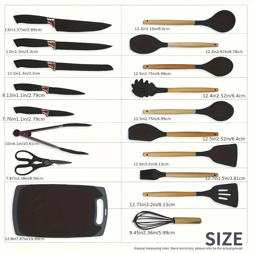 19 Pcs Heat-Resistant Silicone Kitchen Utensil Set w/ Knives Non-Stick Tools in Bamboo Storage Ideal for Hassle-Free Cooking